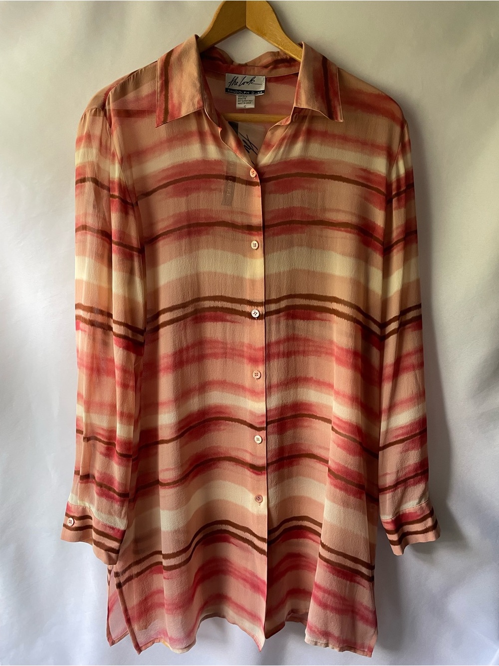 NWT Randolph Duke Pink, Coral & Brown Striped 100% Silk Shirt